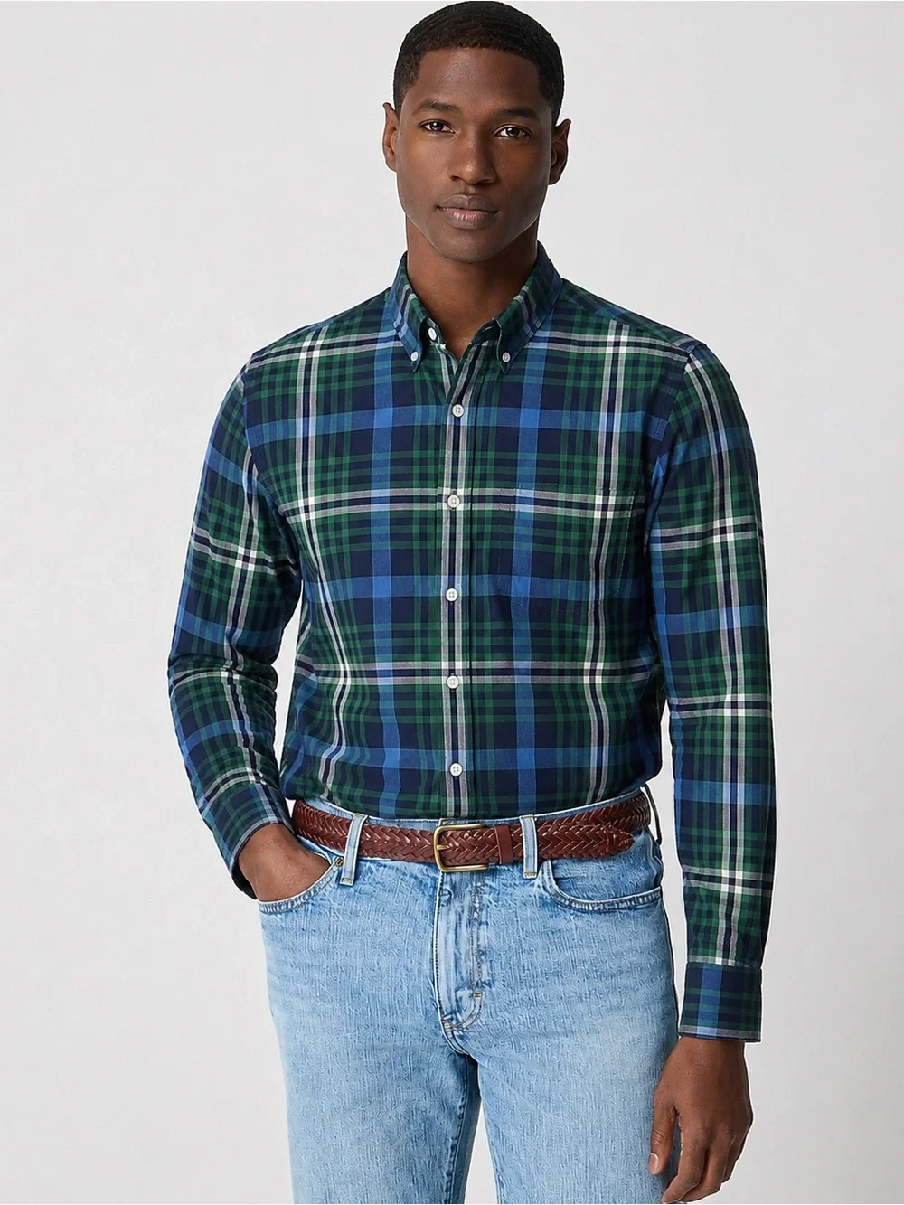 J. Crew Plaid Button Up Long Sleeve Slim Cotton Blue Green Size Medium *12